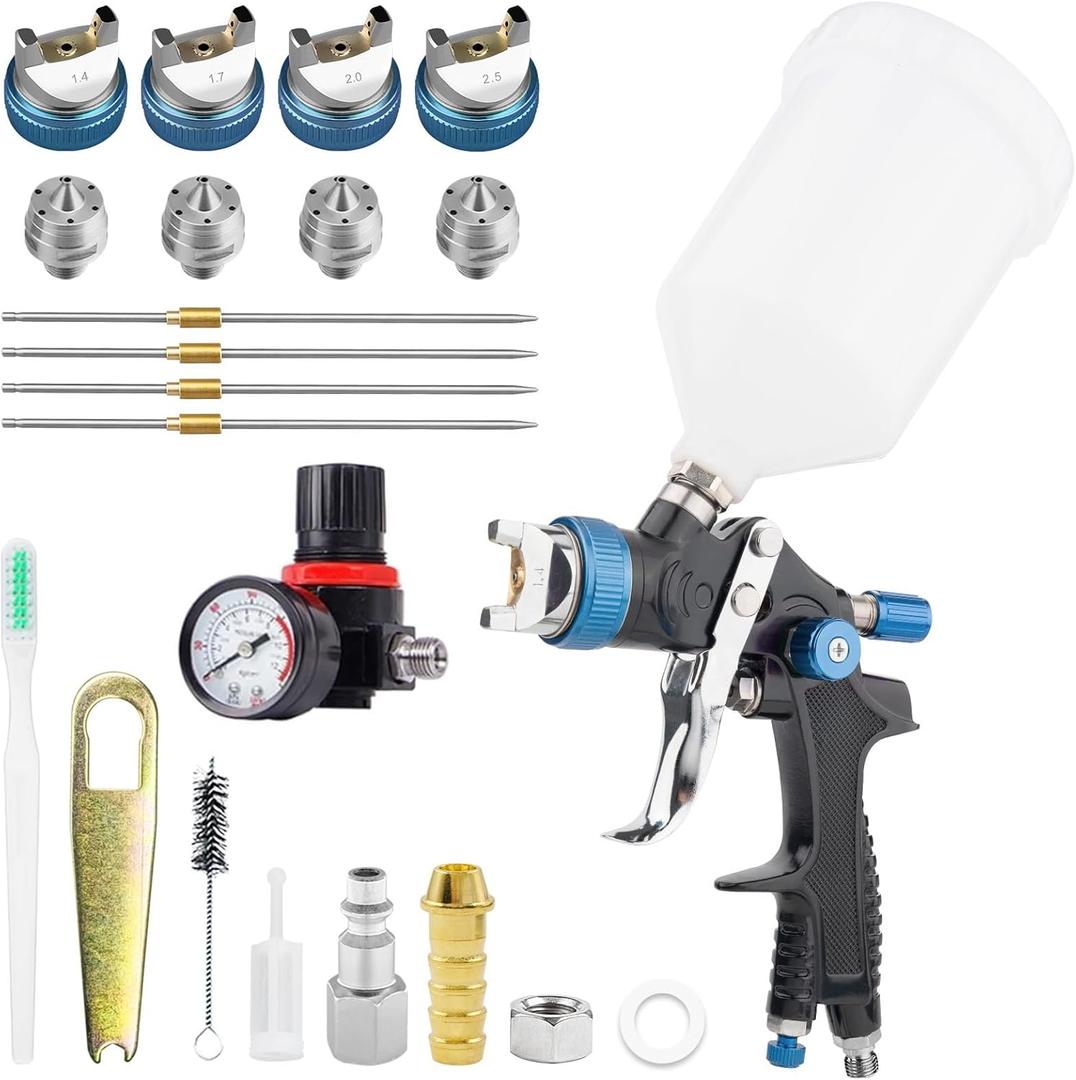 HVLP Paint Spray Gun, Air Gravity Feed System with 4 Nozzles 1.4/1.7/2.0/2.5mm & Regulator for Efficient, Automotive Paint Gun for Car, House Painting, Furniture, Wall, Shed, Fence Painting (Blue)
