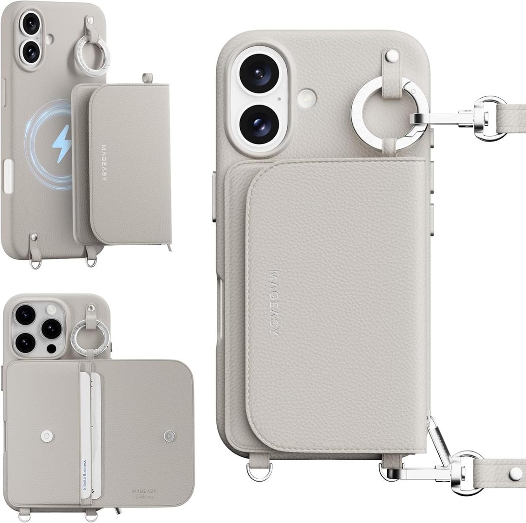 MAGEASY Case for iPhone 16 6.1" - Detachable Wallet Case with Crossbody Strap, 16ft Ultimate Drop Protection, [The Only Phone Case with Purse Compatible with MagSafe] | Pouch M (Starlight)