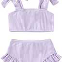 YOUNGER TREE Toddler Baby Girls Swimsuit Two Piece Solid Color Stripe Swimwear Summer Beach Bikini Bathing Suit (18-24 Months)
