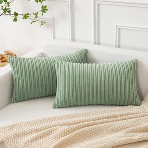 Kevin Textile Spring Oblong Throw Pillow Striped Corduroy Rectangle Pillow Covers for Couch Lumbar Cushion Covers, 12 x 20 inch, Sage Green, 2 Pack