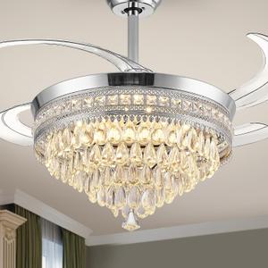 Chandelier Ceiling Fan with Lights and Remote,48 Inch Modern Flush Mount for Bedroom Indoor, Dimmable LED,Bluetooth Connection,Energy Efficient Quiet Retractable Blades (White)