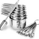 13-piece Measuring Cups and Spoons Set, 18/8 Stainless Steel Heavy Duty Ergonomic Handle with Ring Connector, Silver