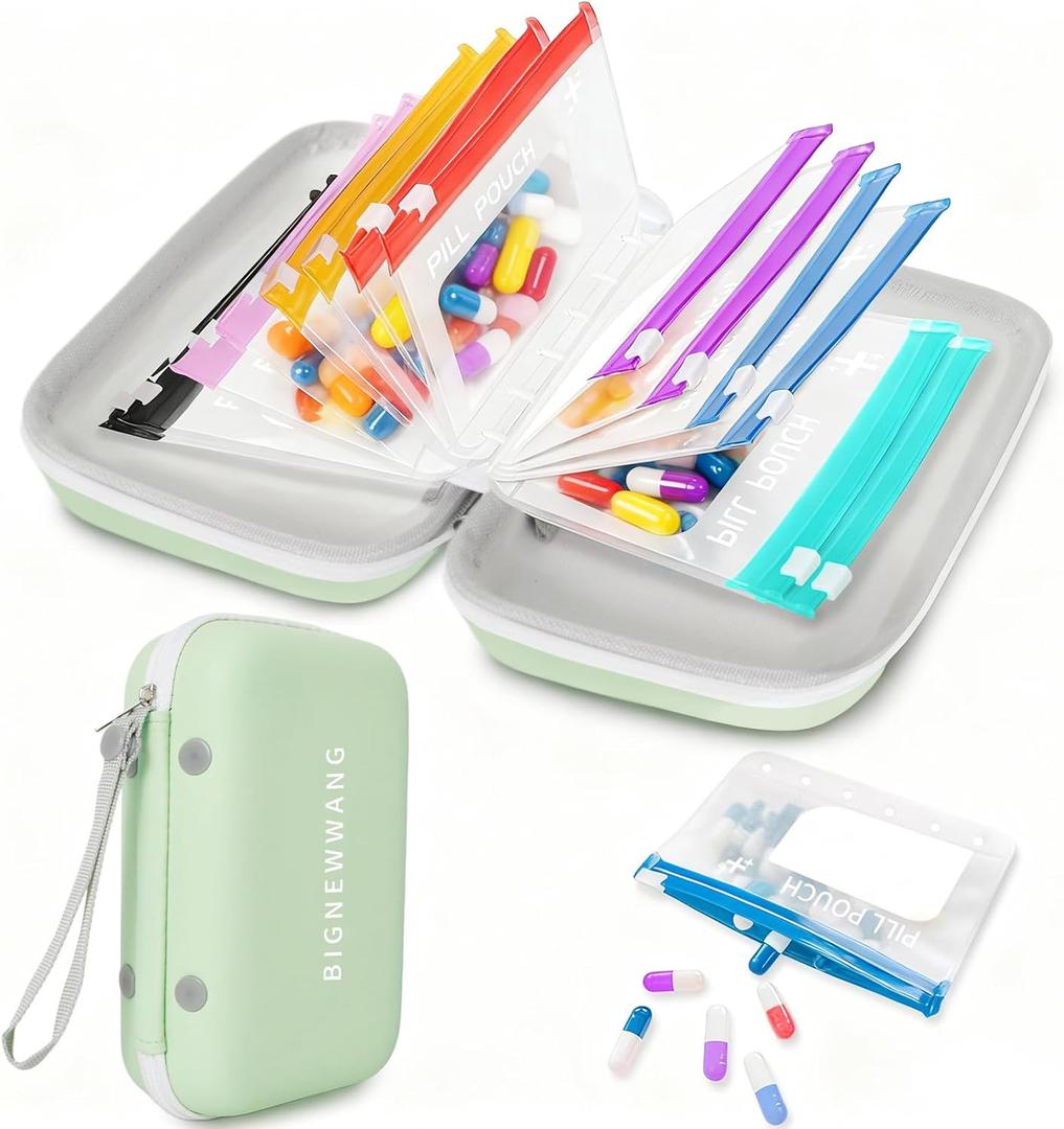 Extra Large Weekly Pill Organizer Set, Reusable Pill Bags with 14 Coded Pouches for Home and Travel, 7 Day with AM PM Large Storage Portable Medicine Pill Case for Fish Oils, Vitamins (Green)
