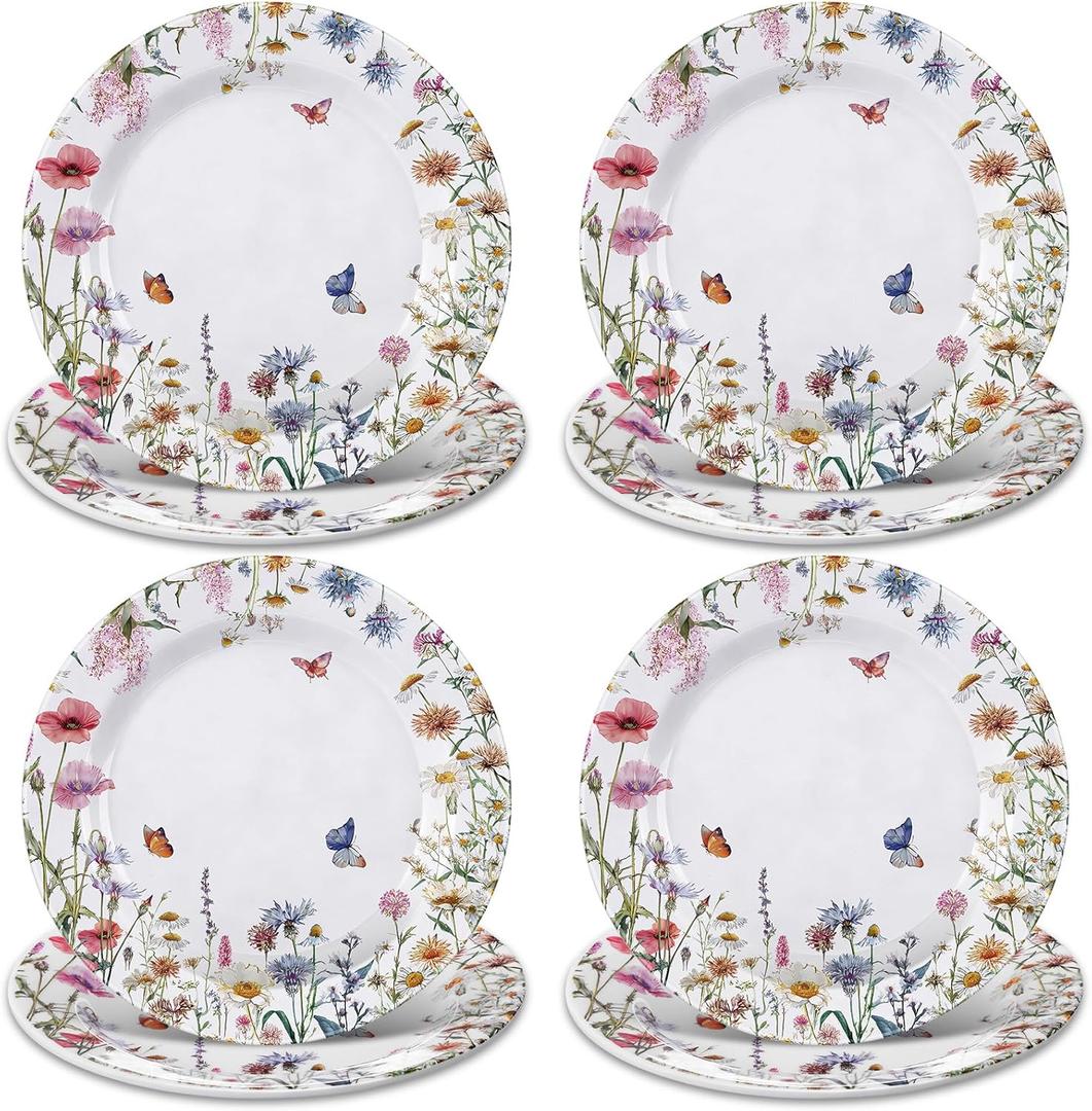 Qinyoung 8 Pcs Wildflower Salad Plates 8" Melamine Spring Dinner Plates Plastic Dishes Summer Dinnerware for Wedding Baby Shower Birthday Party Supplies Table Decorations