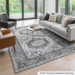 LBRO2M Boho Area Rug 8X10 Washable Rugs for Bedroom Low Piles Indoor Carpet, Non Slip Soft Rug for Living Room, Dining Room, Dark Gray Rug Foldable Pet Friendly Area Rugs (8'X10' Dark Gray) 