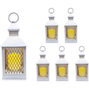 Farm House Lanterns {6 Pc Set} 10" Decorative Lanterns with Flameless LED Lighted Candle, 5HR Timer, Weather Resistant - Decorative Outdoor Lanterns - White