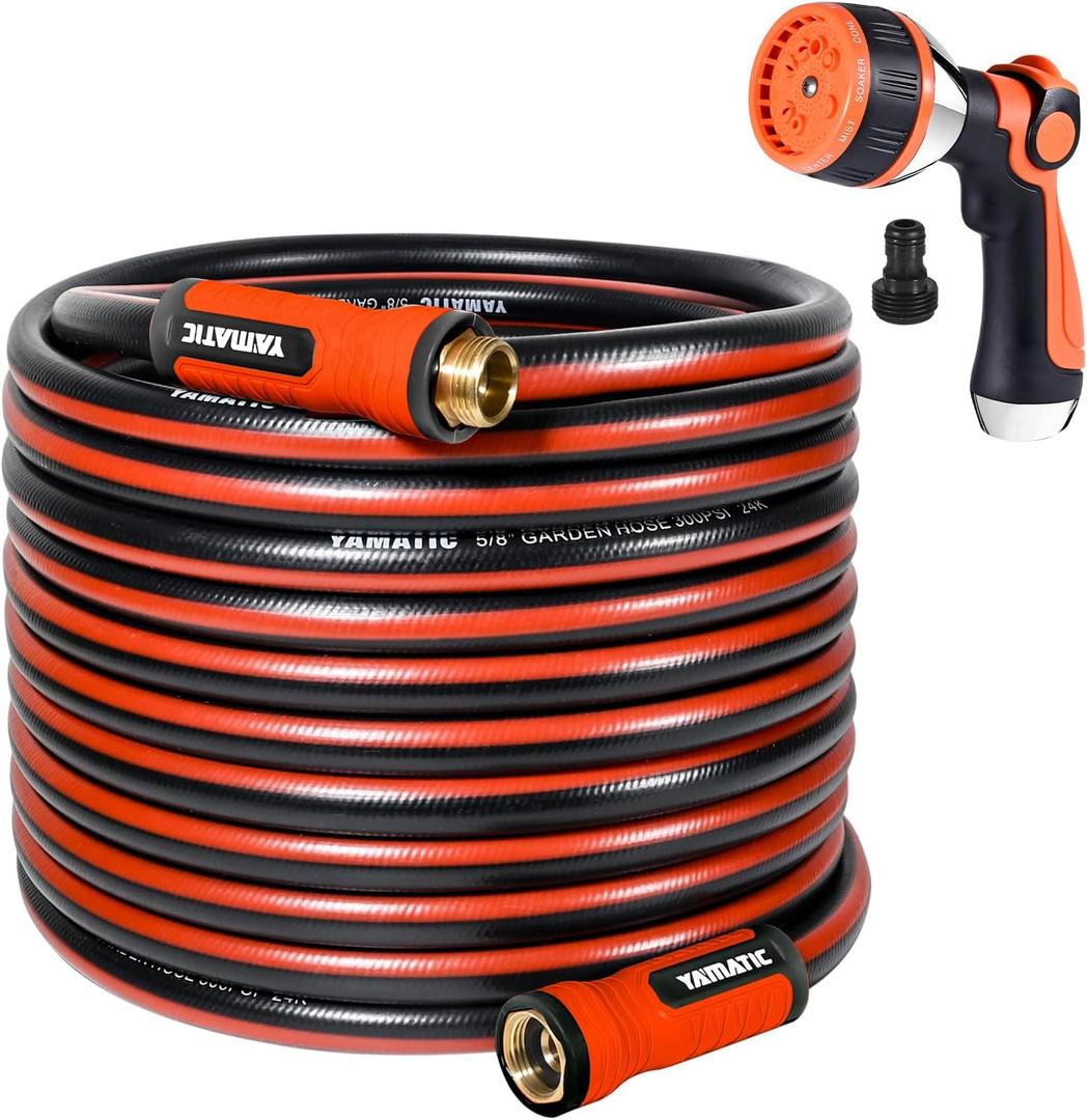 YAMATIC Garden Hose 75ft x 5/8in, Durable Water Hose with 10 Function Hose Nozzle, Swivel Handle, Kinkless, Leakproof, 3/4" Solid Brass Connections for Backyard Lawn Car Wash