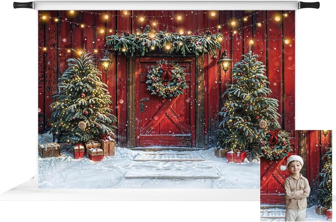 Kate Red Door Christmas Photo Backdrop Rustic Barn Backdrop Christmas Trees Portrait Photography Backgrounds Outside Farm Photo Props for Pictures, 7X5ft