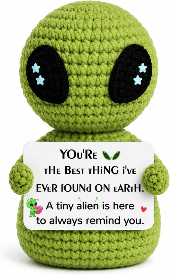 3 x Love Gifts for Him Her Boyfriend Girlfriend, Crochet Alien Valentine's Day Anniversary Birthday Gifts for Husband Wife, Funny Romantic Men Women Couple Gift, Positive Desk Decor