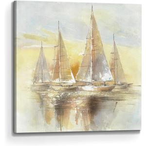 arttitue Sailboat Canvas Ocean Wall Art: Sailing Boats Painting Picture Hand Painted Nautical Seascape Print Decor Sea Artwork for Bedroom Living Room Sailboat, 24"L x 24"W