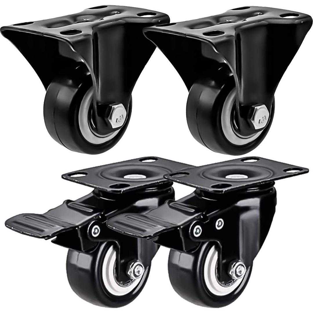 FactorDuty 4 Pack Combo 1.5 inch Caster Wheels 2 Rigid Non Swivel Fixed Stationery & 2 With Brake Swivel Plate All Black Polyurethane Wheels Non Marking No Noise 75lb Per Wheel