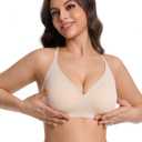 Lusait Womens Jelly Bra Seamless Wireless Lace Racerback Bralette Buttery Soft Comfort Deep V Plunge T-Shirt Bra (Beige, L)