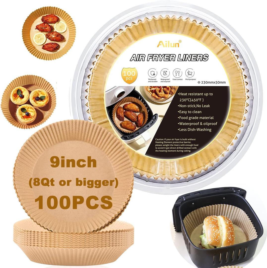 Ailun Air Fryer Paper Liners 9inch, 100PCS Non-Stick Parchment Paper,Oil Resistant,Disposable Food Grade Free of Bleach Paper Round for 5-10 QT Air Fryer Baking Roasting Microwave (Brown)