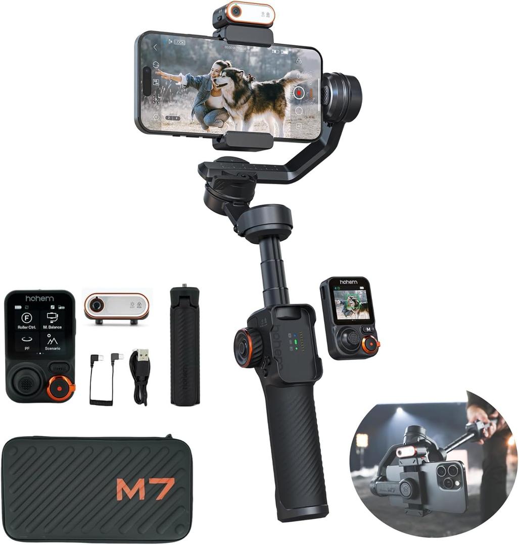 Hohem iSteady M7 Gimbal Stabilizer for Smartphone, 3-Axis Phone Gimbal, Gimbal Stabilizer for iPhone & Android, AI Tracking Sensor with Fill Light, 1.4" Detachable Touchscreen Remote Control