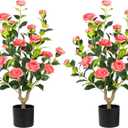 Artificial Camellia Tree 2 Pack - Realistic Camellia Plants in Pot with Pink Flowers, Lifelike Faux Greenery for Living Room, Patio, or Wedding,Pink