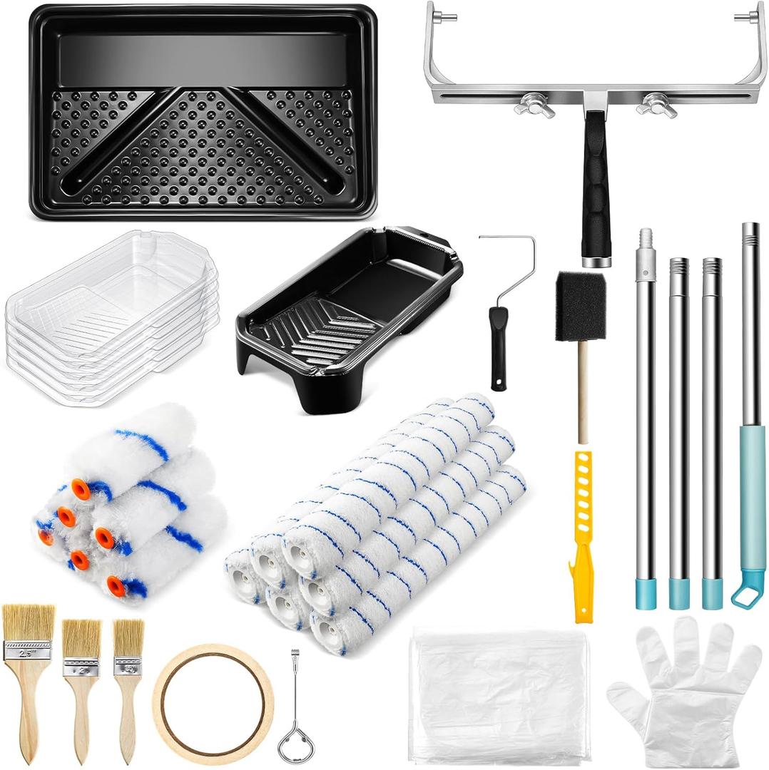 WILLBOND 35 Pcs Large Paint Roller Kit 1-5 ft Steel Extension Pole 6 Pcs 18"Paint Roller Sleeves and Roller Frame Paint Tray with Liners Foam Brush Paint Brushes Paint Kit (4 Inch)