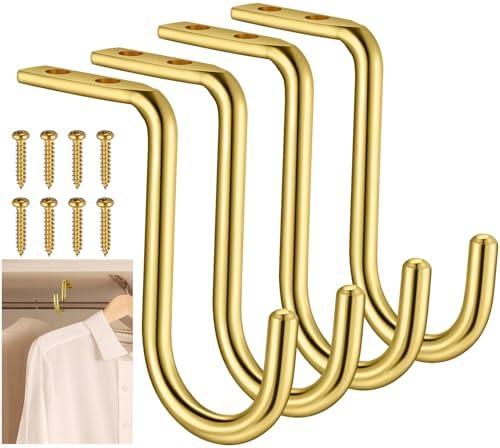 Gisafai 4 Pcs Heavy Duty Metal Wall Mount Closet Rod Center Support Bracket - 1 Inch Clothes Storage Hanger for Shelf (Satin Brass)