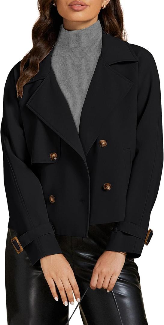 luvamia Cropped Trench Coat for Women Long Sleeve Double Breasted Notched Lapel Casual Loose Fit Jackets with Pockets, L