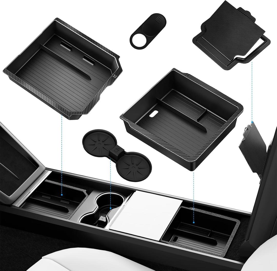 Center Console Organizer Tray for Tesla Model 3 Accessories 2024 2025 2026, Cup Holder, Hidden Storage Box & Armrest Drawer Organizer for Tesla Model 3 Highland