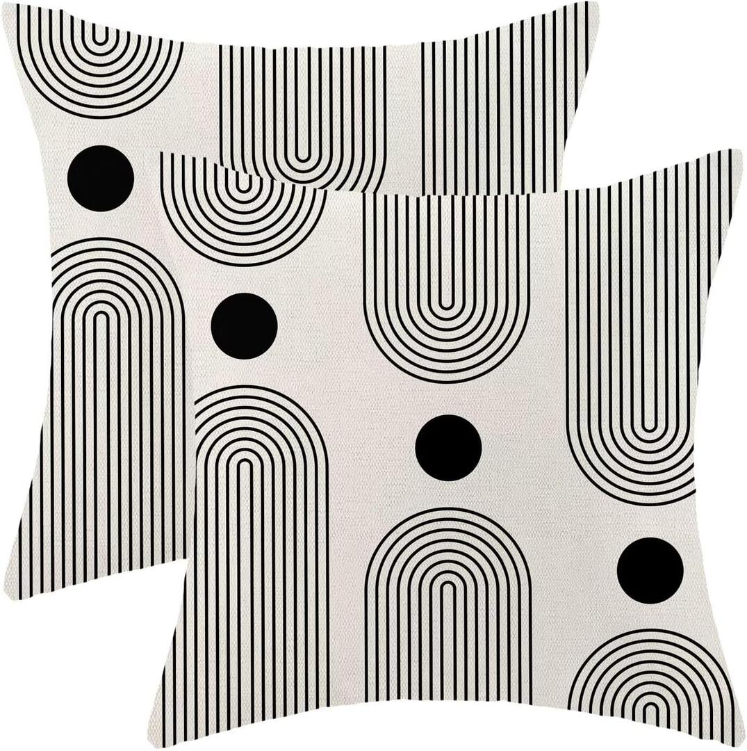 Boho Mid Century Pillow Covers 24x24 Inch Set of 2, Abstract Simple Black and White Stripe Decorative Throw Pillowcase Boho Stripe Outdoor Cushion Cover for Sofa Couch Living Room Bed Decor
