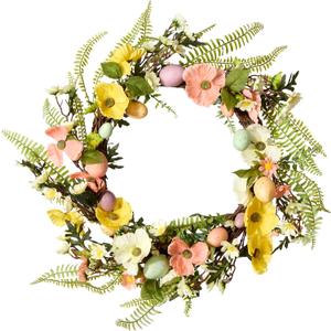 National Tree Company 22 in. Ferns and Flowers Easter Wreath, Artificial Spring Wreath with Pastel Easter Eggs, Indoor or Covered Outdoor Décor