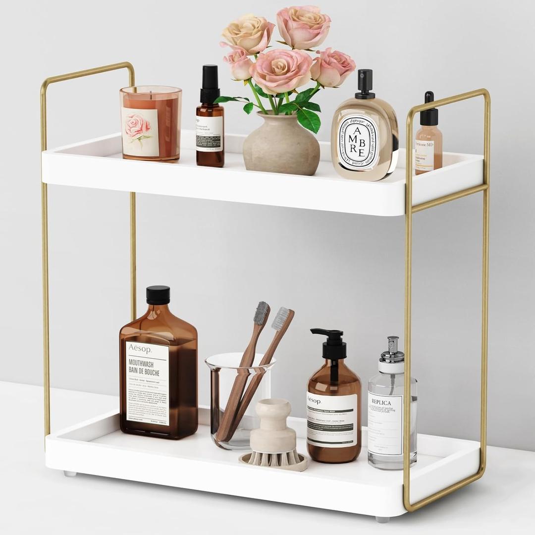 Forbena White and Gold Bathroom Counter Organizer, 2 Tier Makeup Vanity Organizer Countertop, Bathroom Sink Skincare Shelf Tray Organizers and Storage for Perfumes, Lotions, Kitchen Coffee Bar Decor