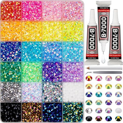 9000Pcs Rhinestones for Bedazzling, 5mm Bedazzler Kit with Flatback Rhinestones for Clothes Crafting Crafts Nails Clothing, Flat Back Resin Rainbow Colorful Colored Crystal with B 7000 Glue Clear