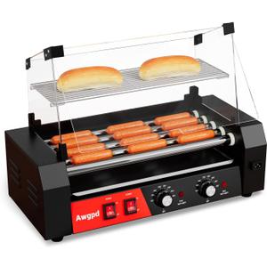 Hot Dog Roller 5 Rollers 12 Hot Dogs Capacity, 750W Stainless Sausage Grill Cooker Machine with Dual Temp Control Glass Hood Acrylic Cover Bun Warmer Shelf Removable Oil Drip Tray (5 Rollers)