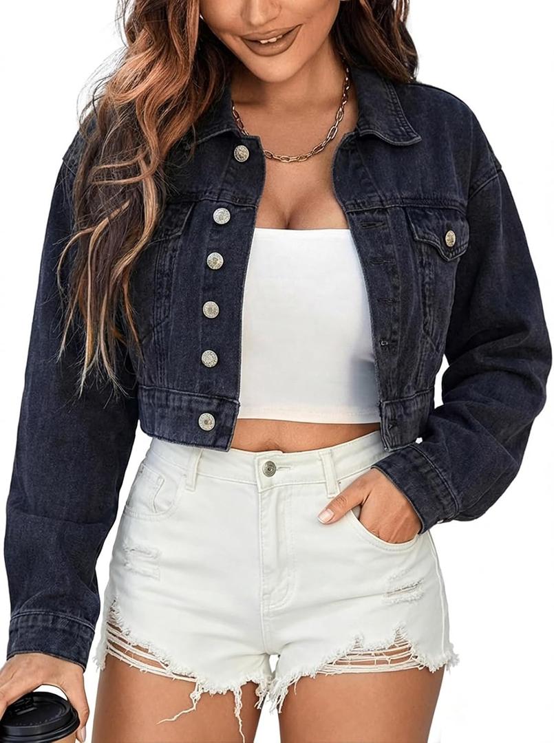 EMMIOL Women's Cropped Denim Jacket Lapel Long Sleeve Button Front, M