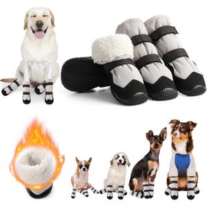 Winter Dog Snow Boots with Warm Wool Lining, Dog Shoes for Large Small Medium Dogs, Dog Booties and Paw Protectors, Anti-Slip Dog Shoes with Reflective for Snow, Hardwood Floors, Hiking (Size 4) (Grey)