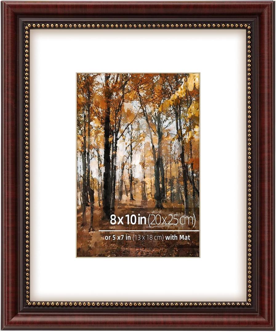 8x10 in Wood Classic Vintage Cherry Picture Frame, Ornate Gold Beaded Inner, Matted for 5x7 Photo, Tabletop or Wall Mount Display, Cherry