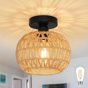 8.6 inch Mini Rattan Light Fixtures Ceiling Boho Light Fixtures Wicker Ceiling Light Hand Woven Ceiling Light Fixtures Flush Mount Ceiling Light with Woven Shade for Hallway Bedroom