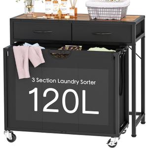 Laundry Sorter, Rolling Laundry Hamper with 3 Section Pull-Out Bags, Laundry Basket Organizer with 2 Drawers & 2-Tone Top Panel, Laundry Hamper with Wheels for Laundry Room Organization, Bathroom, 120 L with 3 Section
