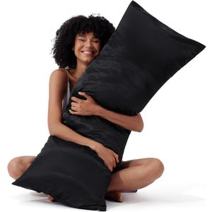 Bedsure Satin Body Pillow Pillowcase, Similar to Silk Body Pillow Cover with Zipper, Soft & Breathable Long Pillow Case, Cooling & Silky Long Pillowcase for Hair and Skin, Gifts, Black, 20x54 Inches