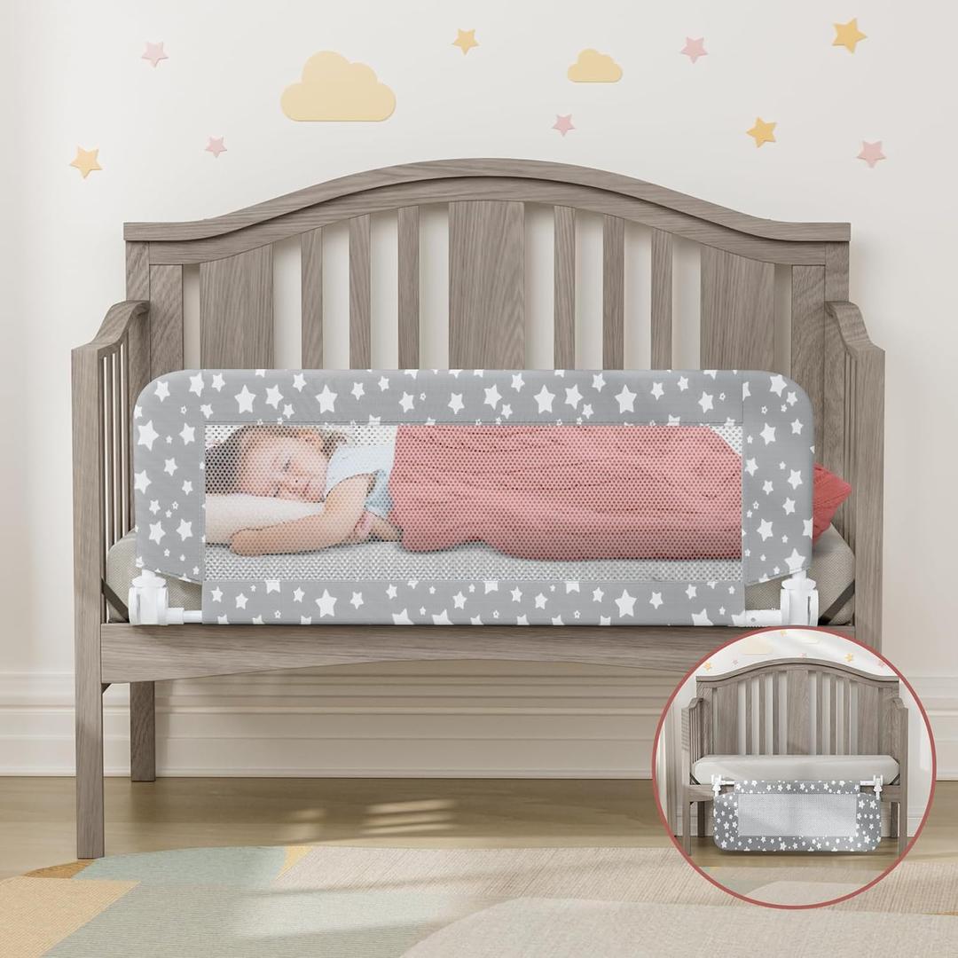 Crib Rail Guard for Toddlers - 35.4" Toddler Bed Rails Convertible Safety Side Protector Swing Down Mesh Breathable Bed Barriers with Reinforced Anchor Safety (Grey)