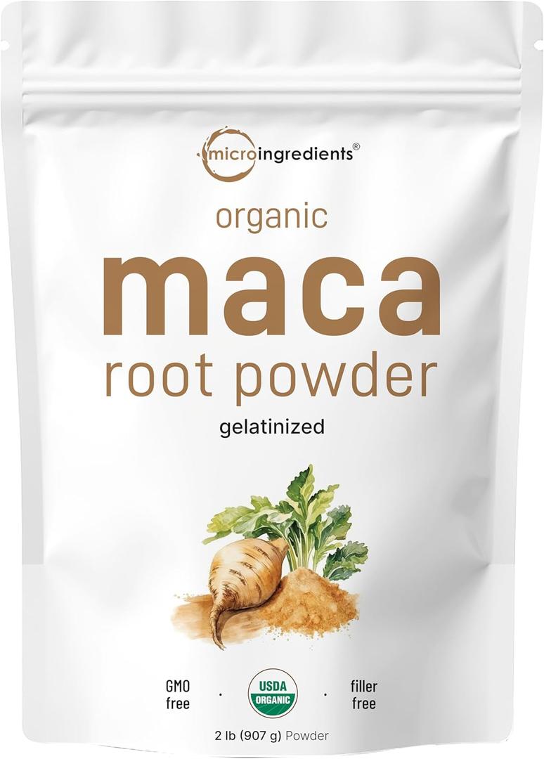 Micro Ingredients Organic Maca Root Powder, 2 Pound, Gelatinized for Better Absorption, Rich in Antioxidants, No GMOs, Vegan Friendly and Peru Origin BBD: 10/2027
