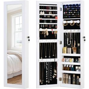 Full Length Mirror Jewelry Cabinet Organizer Lockable Door Wall-Mounted Jewelry Armoire with Shelves and Behind-the-Door Storage - White