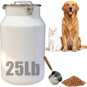 25 Lbs Stainless Steel Dog Food Storage Container with Scoop, Large Metal Dog Food Bin with Airtight Lid & Locking Clamp, Pet Treat Jars for Dogs & Cats, Keep Fresh, White