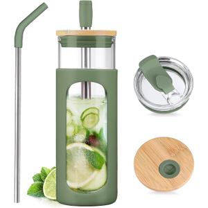 Kodrine 24oz Glass Tumbler with 2 Lids and Straws, Glass Cup With Bamboo Lid and On-the-go Lid, Reusable Iced Coffee Cup, Ideal for Smoothie, Cold Drinks, Fit Cup Holder, BPA Free (1, Olive)