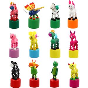 NUOBESTY Wooden Push Puppets Toys Kids Finger Thumb Puppets Animal Figurines Party Favors Press Base Toy Role Play Performance Props 12pcs Random Colors