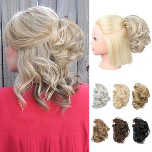 REECHO Ponytail Extension, 7" Half Up Short Mini Claw Clip in Ponytail Hair Extensions Curly Wavy Ponytail Messy Hair Bun Hair Pieces for Women with Short Thin Hair - Ash Blonde with Highlights