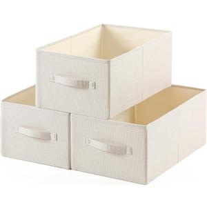 Linen Folding Storage Bins, 3 Pack Large Storage Baskets, Washable, Clothing Storage Bins with Handle, Closet Organizer for Storage Sweater,Sheets(Beige, 18"x11 x8)