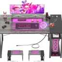 Armocity Computer Desk with LED Lights, 47" Gaming Desk with Power Outlet and USB, Reversible Laptop Table with Moveable Monitor Stand for Small Spaces, Office, Room, Grey and Black