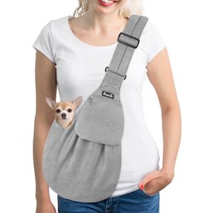 Lukovee Pet Sling, Hand Free Dog Sling Carrier Adjustable Padded Strap Tote Bag, Shoulder Bag with Safety Belt & Front Pocket for Small Dog Cat Puppy (Grey-WY,S) (B2- Grey (Knitted Fabric))