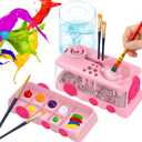 Paint Brush Cleaner with Paint Tray, Upgraded Cartoon Painting Supplies with Drain and Brush Holder, Water Circulation Paint Brush Cleaner Tool for Acrylic, Watercolor, Water-Based Paints (A2-pink)
