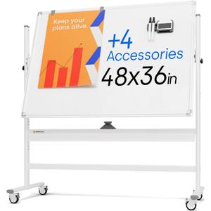 Rolling Dry Erase Board 48 x 36 - Large Portable Magnetic Whiteboard with Stand - Double Sided Easel Style Whiteboard with Wheels - Mobile Standing White Board for Office, Classroom & Home