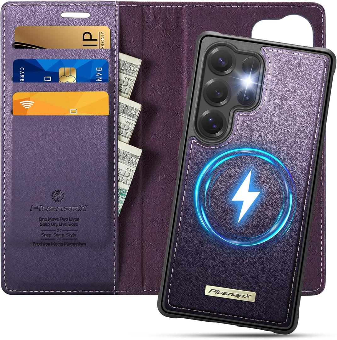 Wallet Case for Samsung Galaxy S25 Ultra Compatible with Magsafe, 2-in-1 PU Leather Flip RFID Blocking Card Holder Stand Shockproof Magnetic Detachable Cover for Galaxy S25 Ultra, Purple