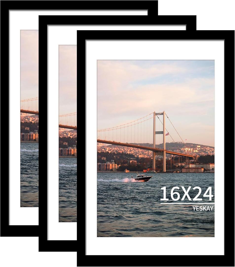 16x24 Picture Frame Black Set of 3, Display Pictures 12x18 with Mat or 16 x 24 Without Mat, Poster Frames 16x24 Poster Frames for Wall Hanging Horizontal and Vertical
