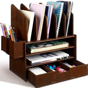 4 Tier Wooden Desk File Organizer Office Desk Organizer with 5 Vertical File Holders and 2 Pen Holders Multifunctional Desktop Accessories with Drawer for Back to School Teacher Gifts