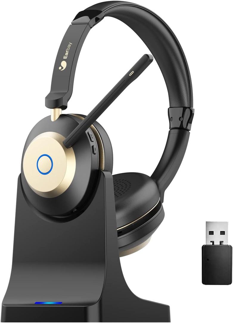 Earbay Bluetooth Headset, Wireless Headset with Microphone for PC, Wireless Headphones with Mic Noise Cancelling/Mute/Charging Dock/USB Dongle, 45hrs Dual Connect Computer Phones Teams Skype Zoom (ATS V5.3)